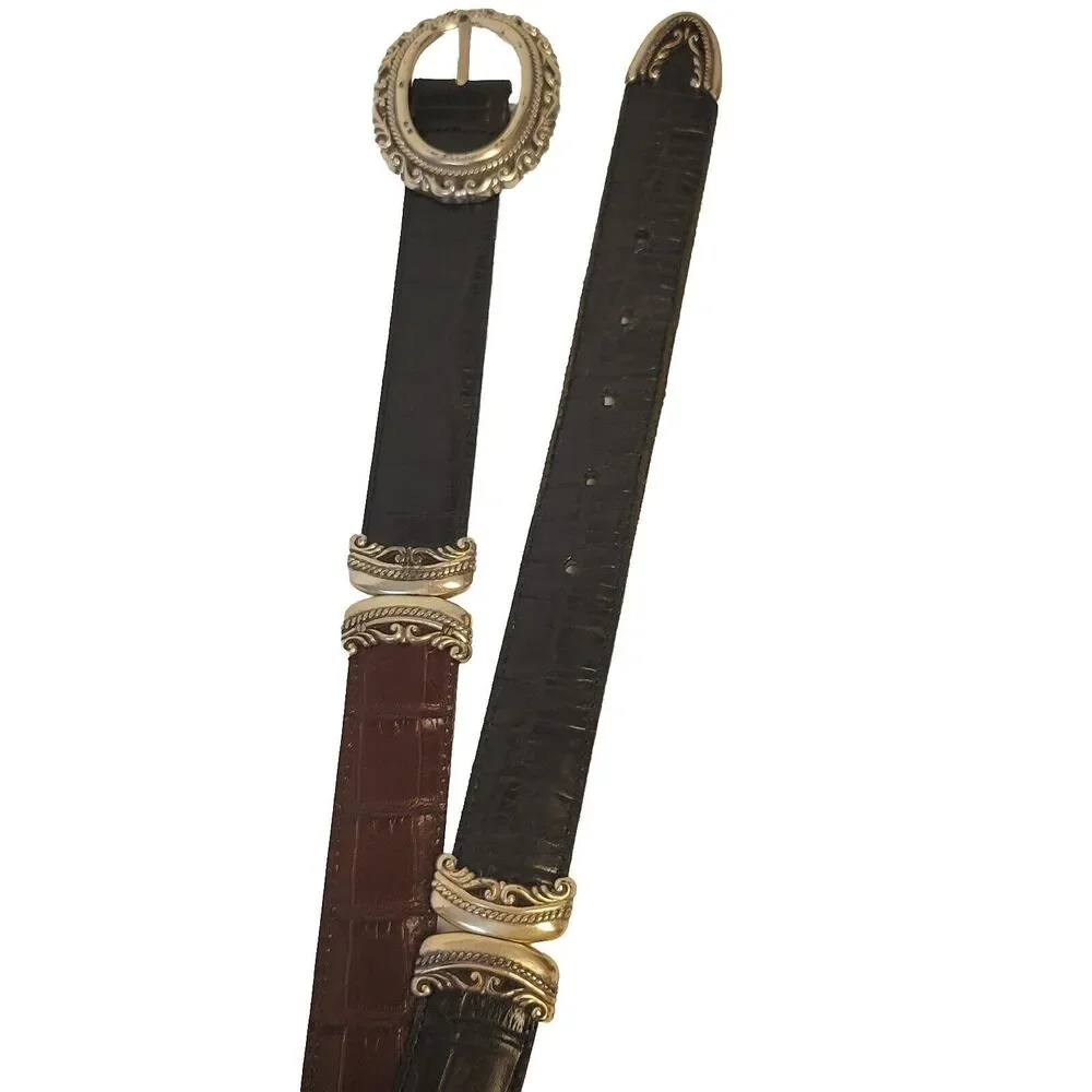 Vtg Brighton Leather Croc Silver Hardware Reversible 4 Opt. Women Belt